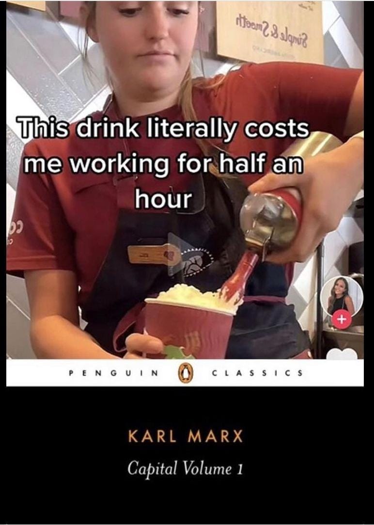 This meme is a humorous commentary on the cost of a simple coffee drink. The image shows a barista pouring whipped cream into a cup, with the text "This drink literally costs me working for half an hour" overlaid on top. The meme is likely meant to be relatable and humorous, poking fun at the idea that the cost of a simple drink is equivalent to a significant amount of work.